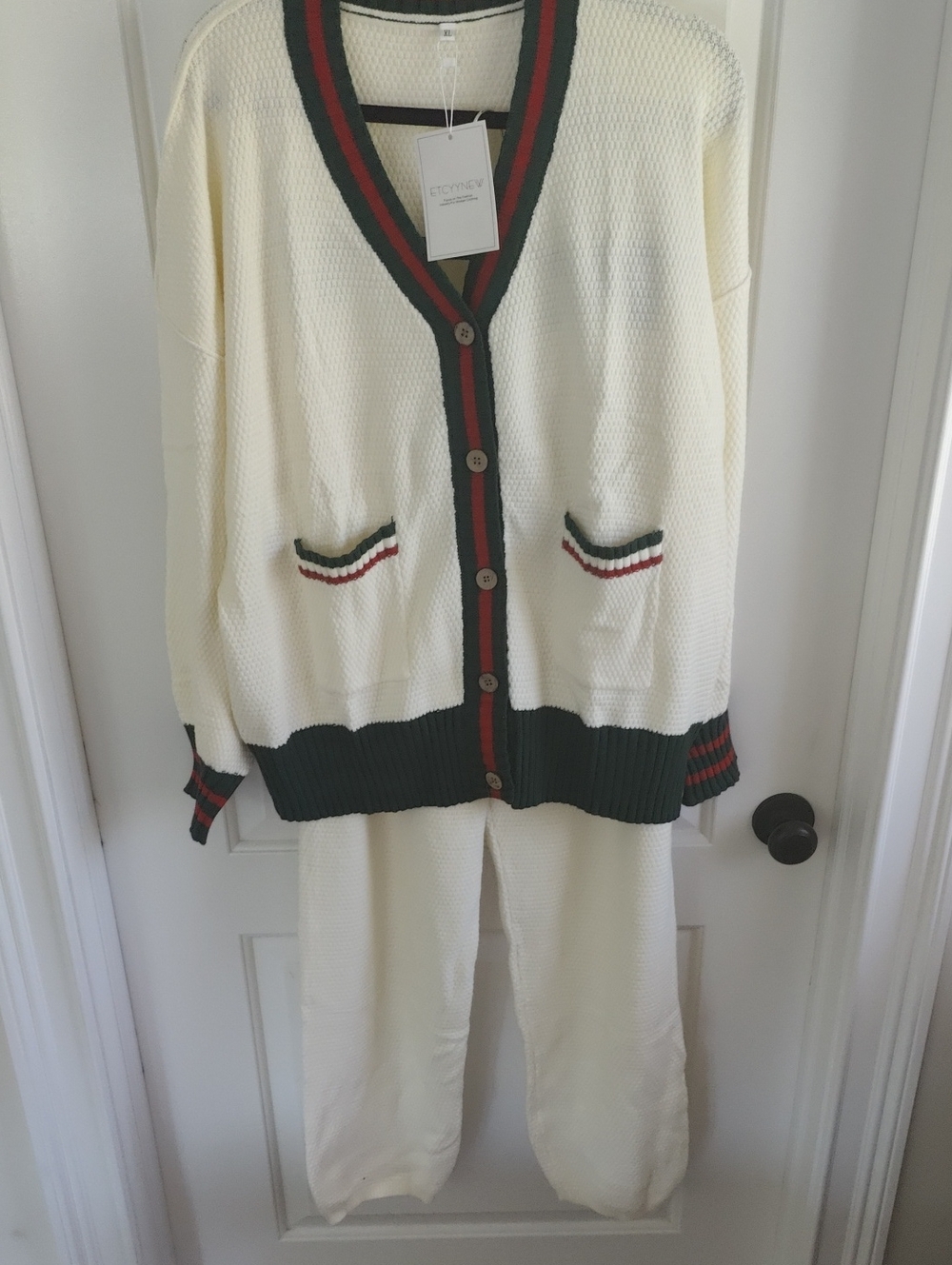 Etcyynew Relaxed Ivory Knit Cardigan & Pants Set with Green and Red Trim